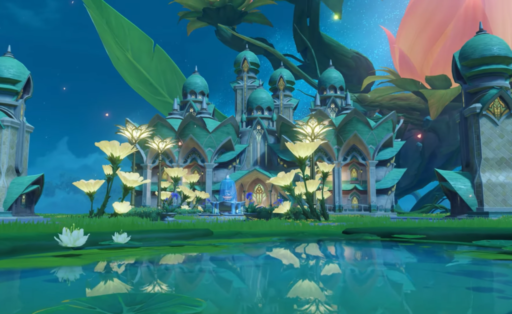 A garden at night in the Serenitea Pot.