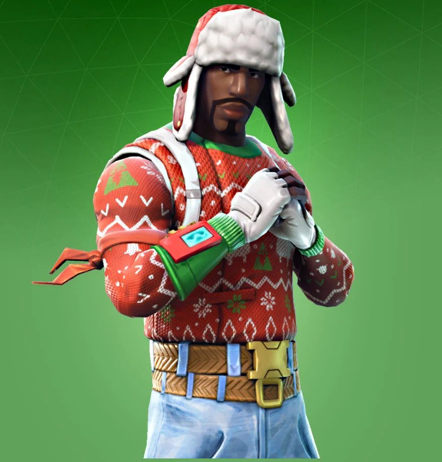 A male Fortnite skin wearing a red Christmas jumper and a red hat in front of a green background.