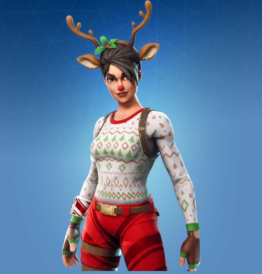 A female skin in Fortnite wearing a white Christmas jumper, a Reindeer hairband and a red nose, over a blue background.