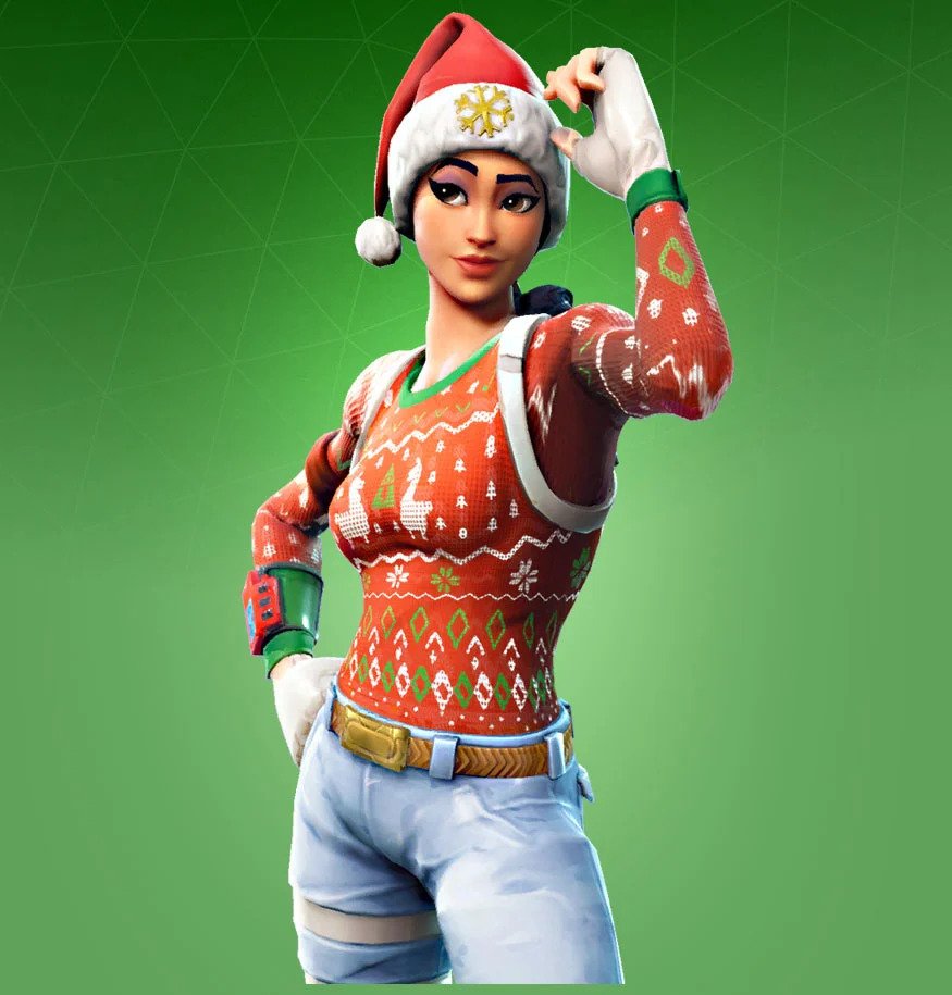 A skin in Fortnite of a female wearing a red Christmas jumper and santa hat, over a green background.