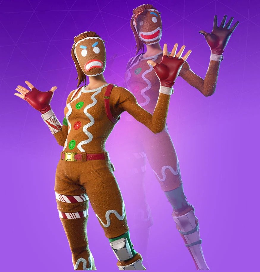 A female skin in Fortnite with a Gingerbread onesie and mask, over a purple background.