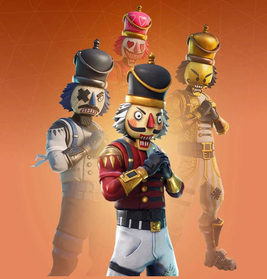 A nutcracker skin in Fortnite, with three styles in the background.