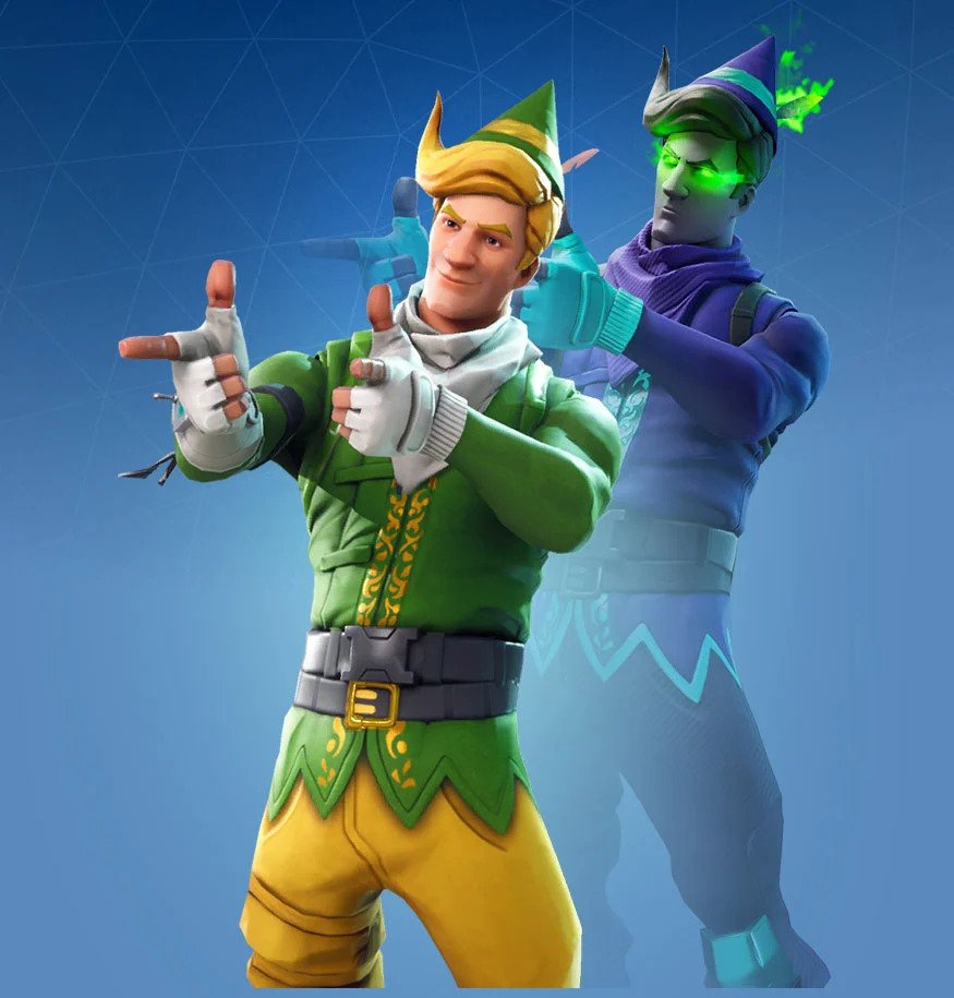 Jonesy from Fortnite wearing a green Elf costume, with a darker style acting as a shadow.