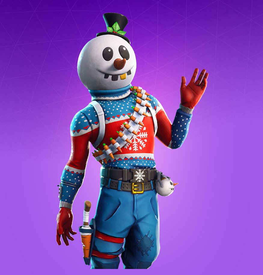 A skin in Fortnite with blue trousers, a blue and red jumper, red gloves, and a snowman head.