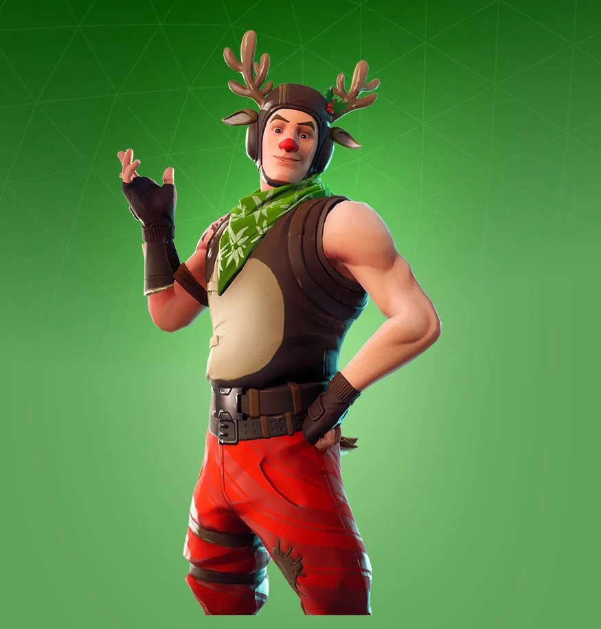 A male skin in Fortnite wearing red trousers, a brown tank top, a green neckerchief, and a reindeer hat.