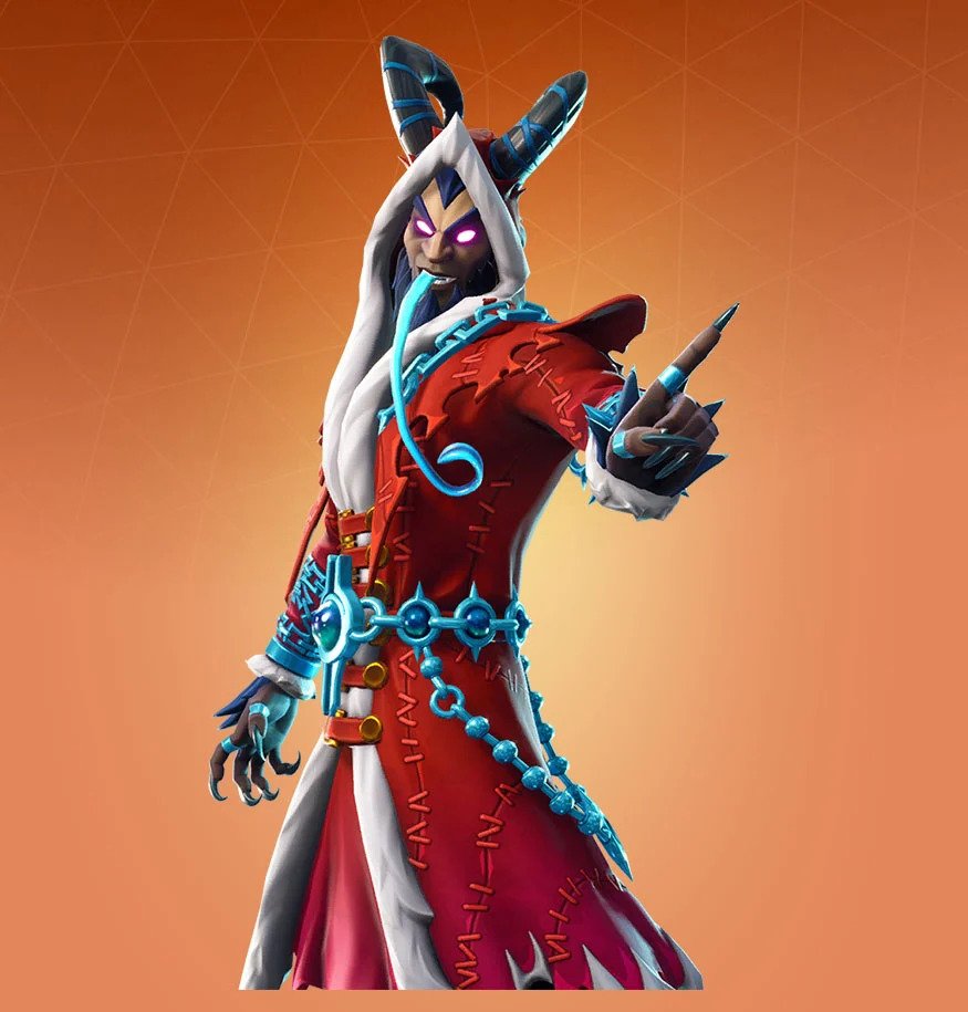 A skin in Fortnite wearing a red coat and blue shackles, featuring a long, blue tongue, purple eyes, and black horns.