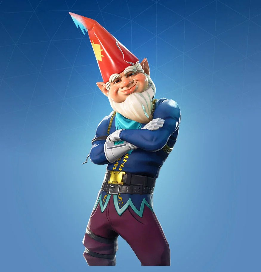 A skin in Fortnite with purple trousers, a blue jacket, and a gnome head with a red hat.