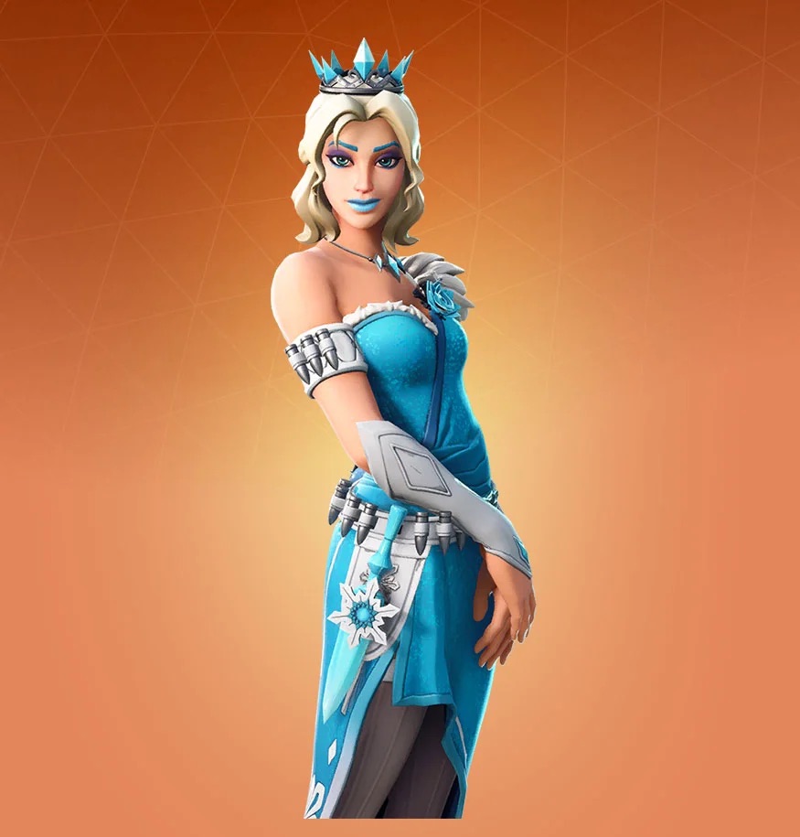 A female Fortnite skin wearing a blue dress, blue lipstick, and a blue crown, in front of an orange background.