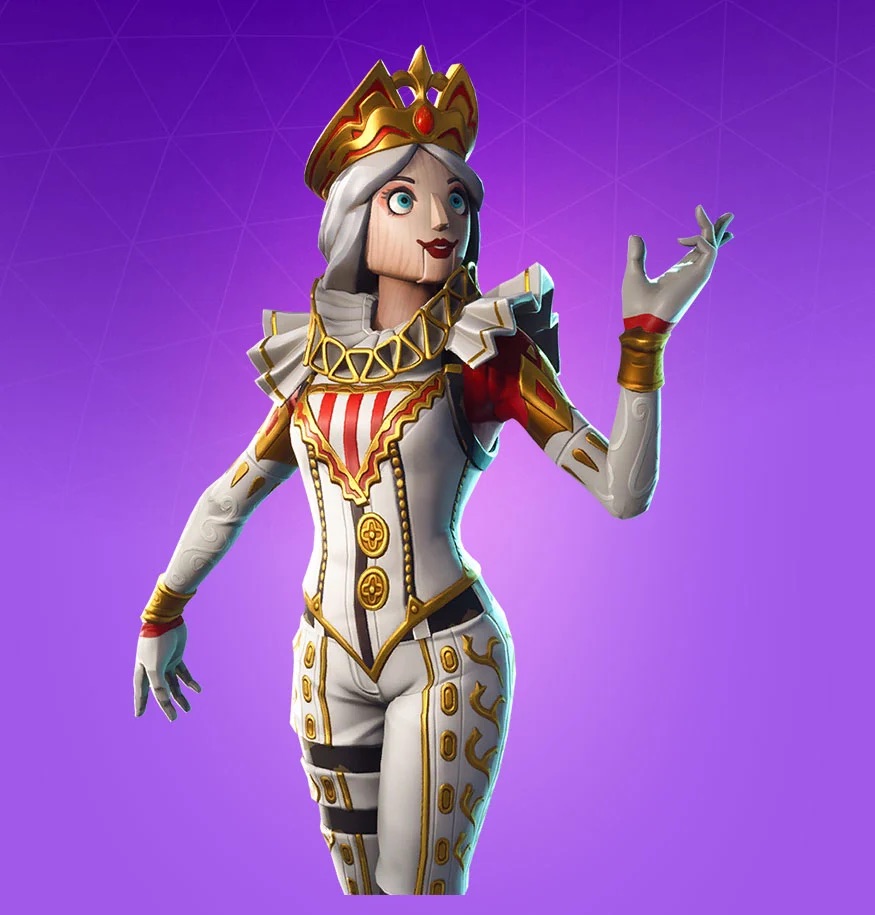 A female nutcracker skin wearing a white outfit and golden crown, in front of a pruple background.