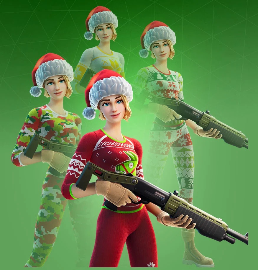 A female skin in Fortnite wearing red fluffy trousers and a red jumper, along with a santa hat.