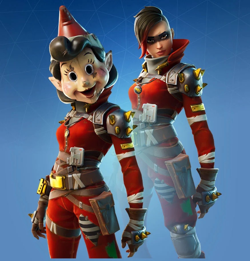 A red skin in Fortnite with a wooden mask, in front of a style with the mask removed showing a woman with red highlights.