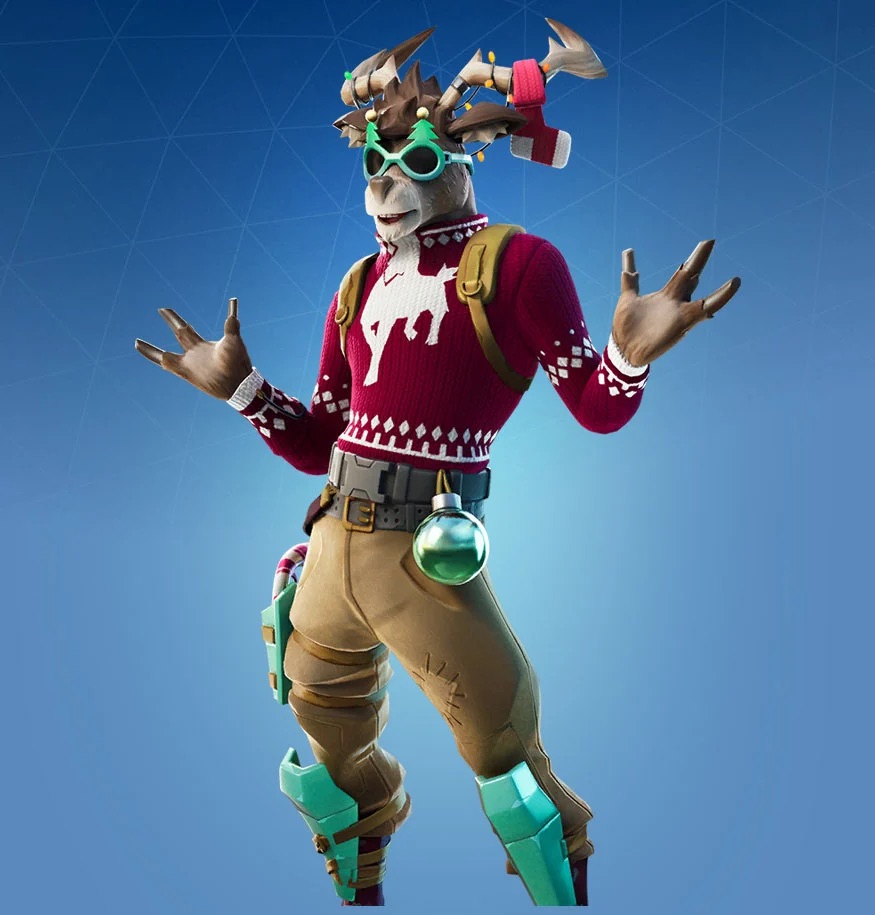 A reindeer in Fortnite wearing cargo pants and a red jumper, with Christmas glasses.