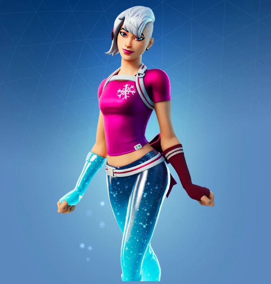 A female in Fortnite wearing blue trousers with a snowflake effect and a pink top.