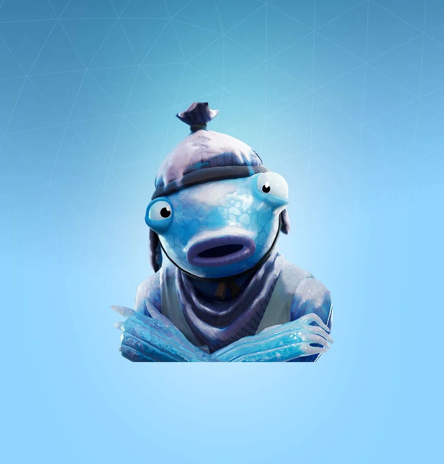 A headshot of a frozen fish in Fortnite, blue and with spots of snow.