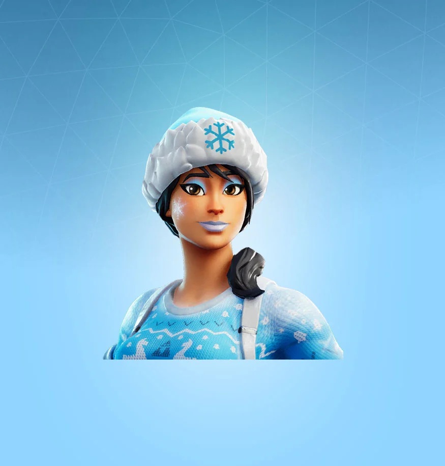 A headshot of a female skin in Fortnite wearing a blue Christmas jumper and hat.