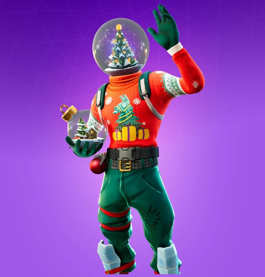 A character in Fortnite wearing green trousers and a red jumper, with a snowglobe for a head.