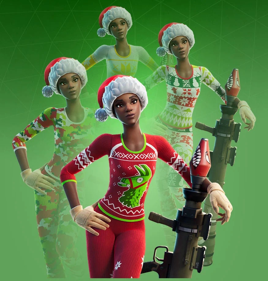 A female character in Fortnite wearing an all-red suit, holding a rocket launcher.