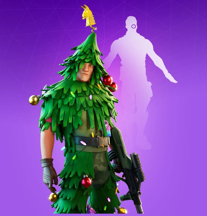 The Jonesy skin in Fortnite wearing a Christmas tree as a ghilly suit.
