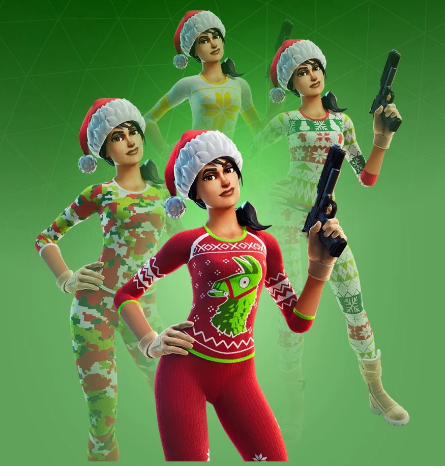 A female in Fortnite wearing an all-red costume and santa hat, holding a pistol.