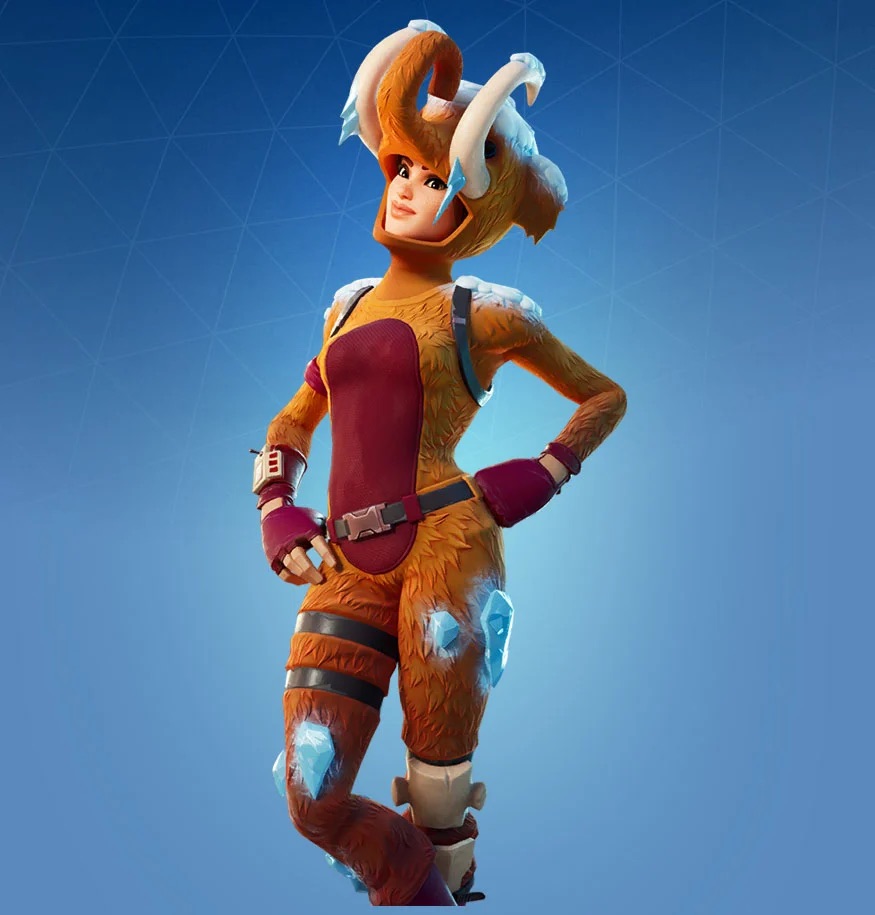 A female in Fortnite wearing a wooly mammoth onesie, complete with a hat and tusks.