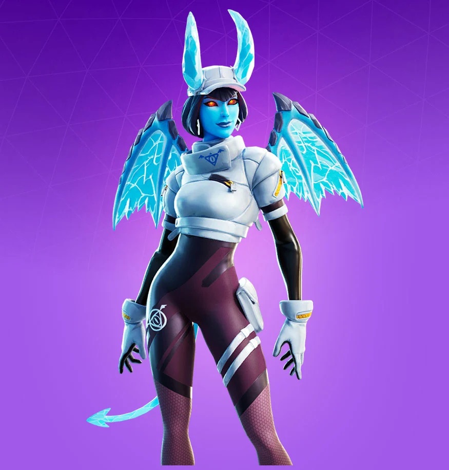 A frozen devil with blue skin, wings, and horn, wearing a warm outfit.