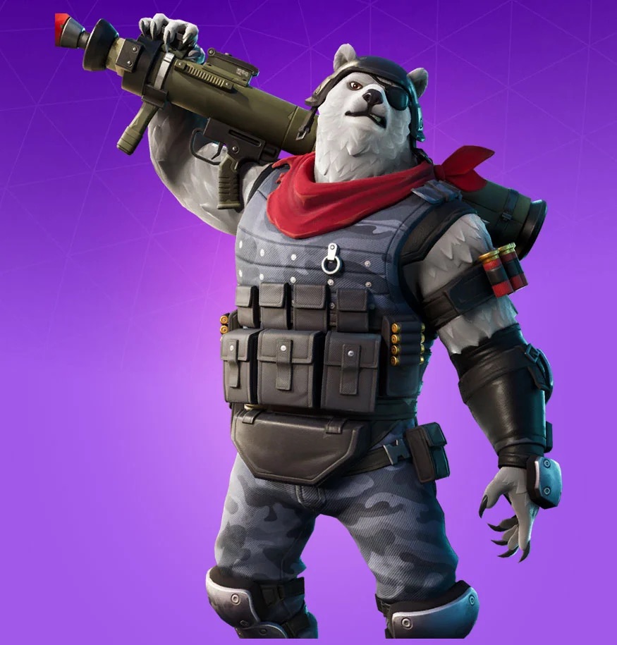 A Polar Bear skin in Fortnite wearing a grey camo outfit and a black eyepatch, holding a rocket launcher.