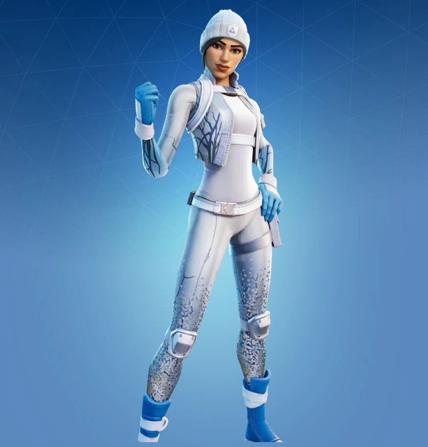 A basic skin in Fortnite with a female wearing an all-0white outfit, with blue gloves and shoes.