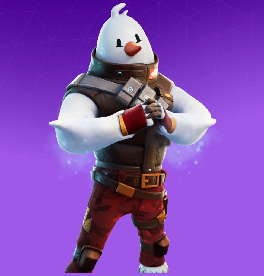 A snowman suit in Fortnite with a carrot noise, wearing red camo outfit.