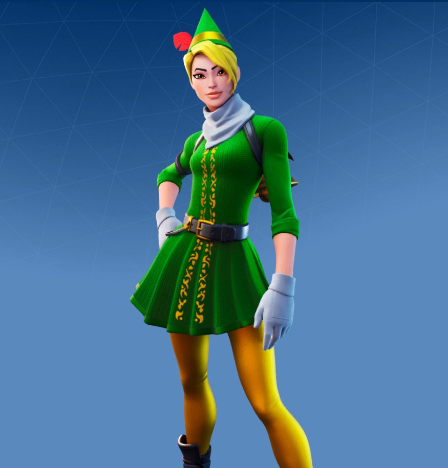 A female in Fortnite wearing a green elf suit and hat, with yellow stockings.