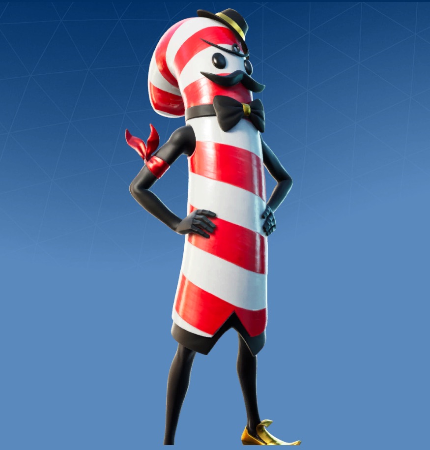 A skin in Fortnite wearing a candy cane suit, with a moustache and black hat.