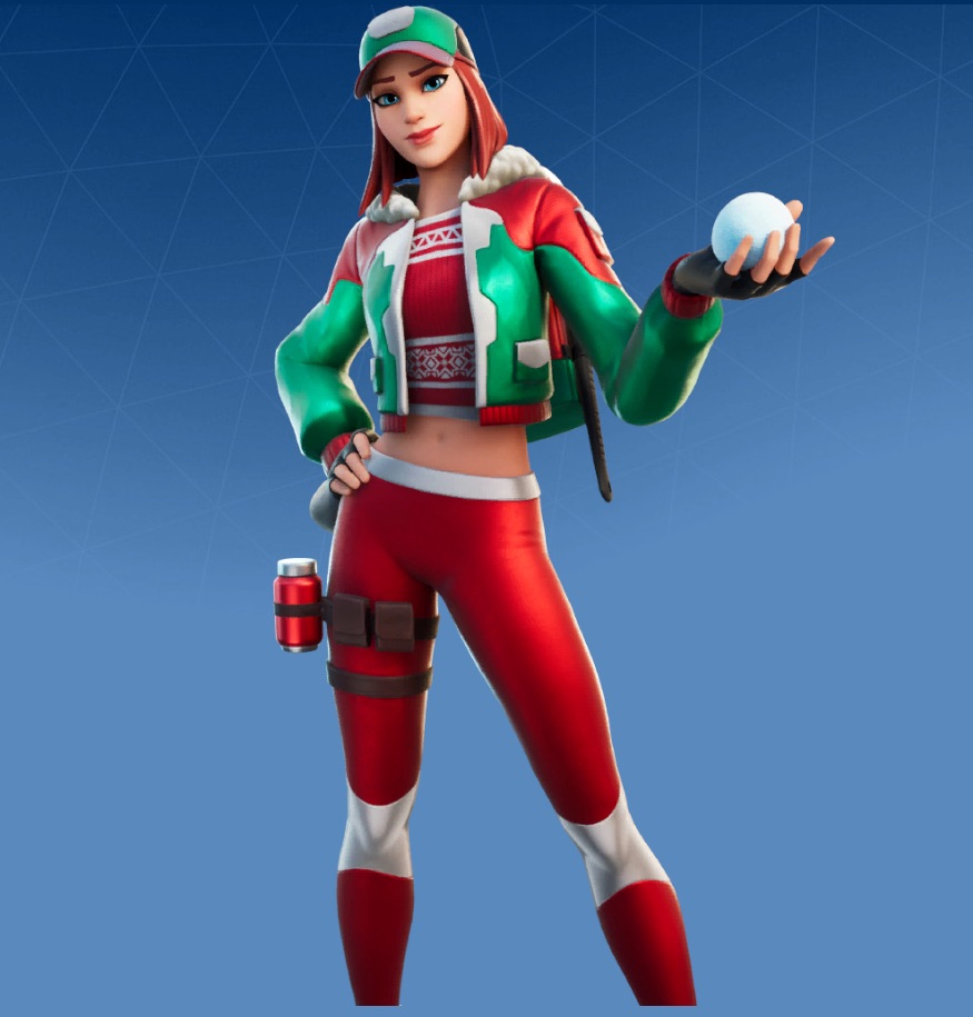 A female in Fortnite with red hair, a red top, and red trousers, with a green jacket, holding a snowball.