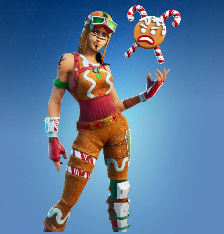 The Raider skin in Fortnite wearing a tank-top styled like Gingerbread, with a hat that matches.