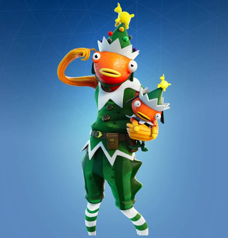 Thw Fishstick skin in Fortnite wearing a green elf costume and hat.