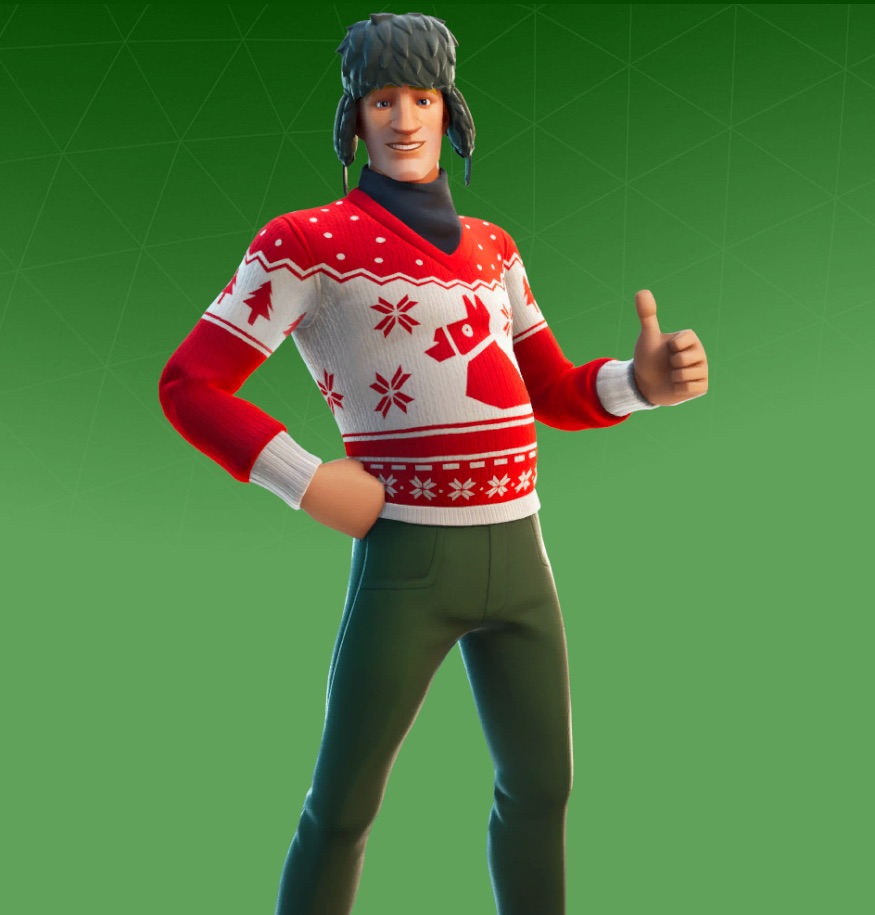 The Jonesy skin in Fortnite wearing a red Christmas jumper and a warm hat.