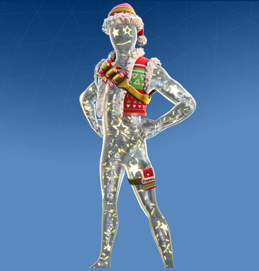 A grey outfit covered in Christmas lights, wearing a red, white, and green hat.