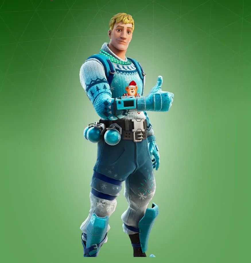 The Jonesy skin in Fortnite wearing a blue jumper with a teddy bear, equipped with bauble grenades.