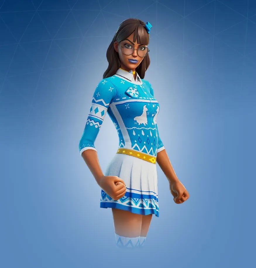 A headshot of a female character in Fortnite wearing a blue jumper, with a blue bowtie in her hair.