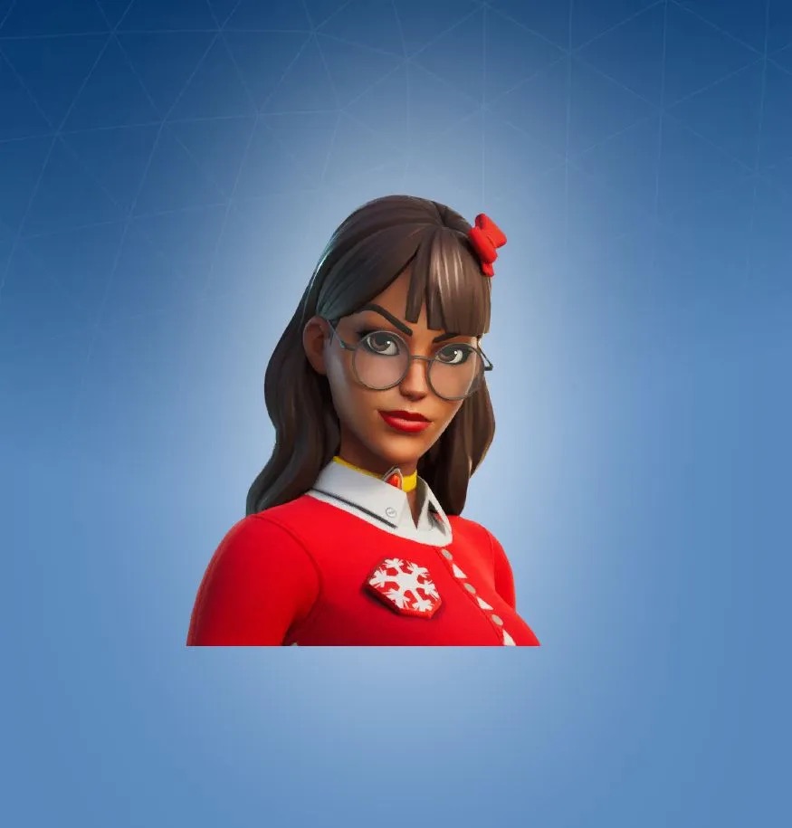 A headshot of a female character in Fortnite wearing a red jumper, with a red bowtie in her hair.