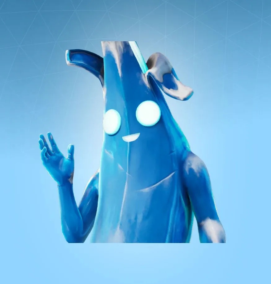 A headshot of a blue, frozen banana skin in Fortnite.