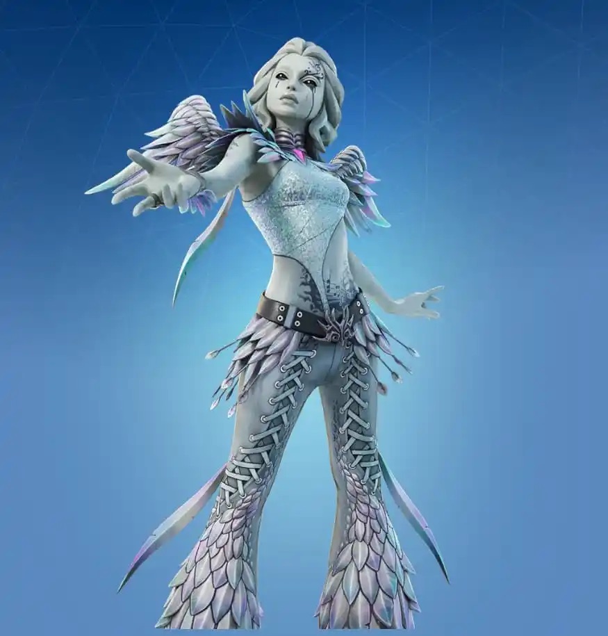 A stone-styled female in Fortnite with grey skin and wings.