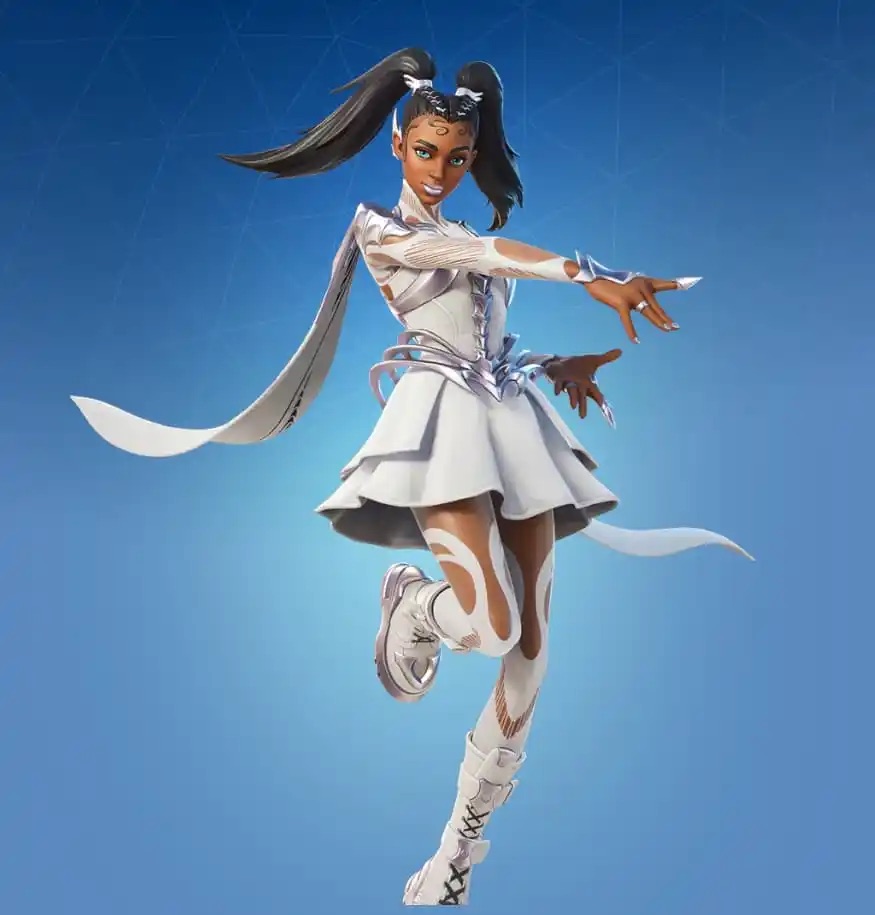 A female in Fortnite wearing a short, white dress with a white cap, and black hair tied in long pigtails.