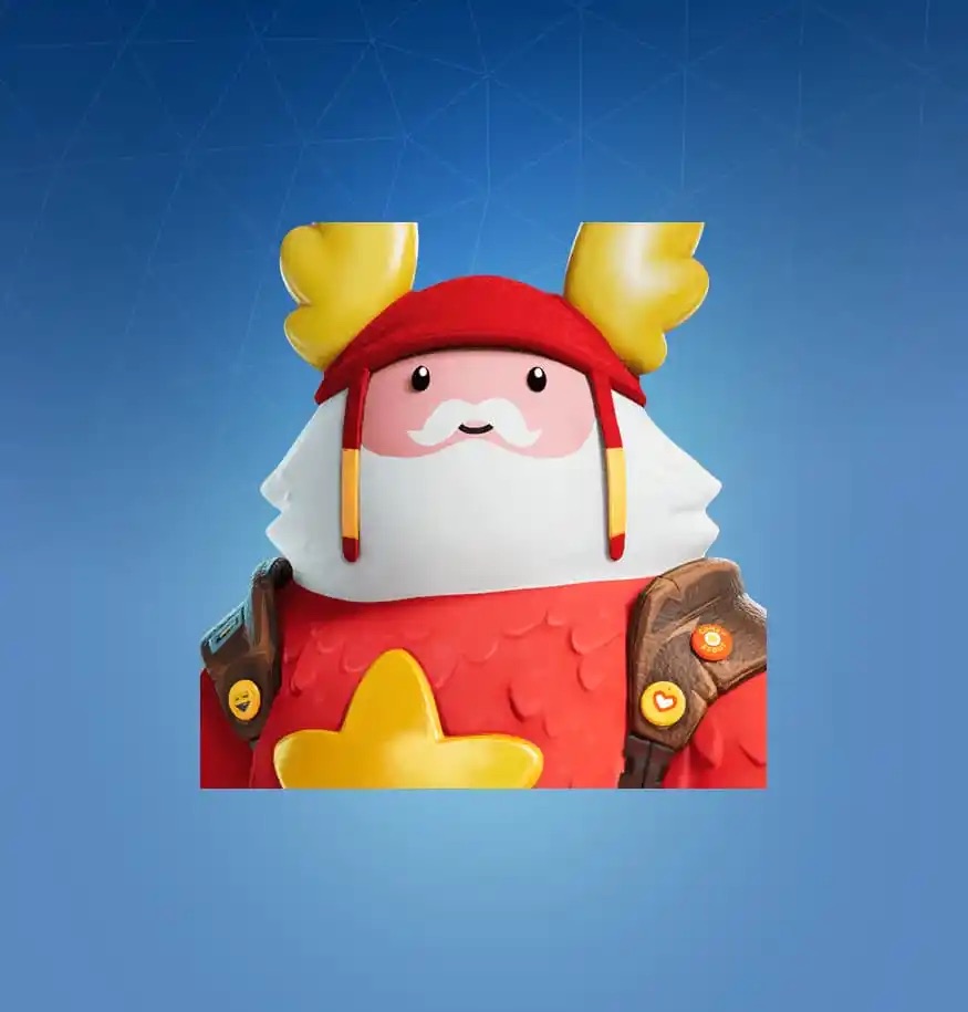 The Guff skin in Fortnite styled like Santa, with a red outfit and hat, along with yellow antlers and star.