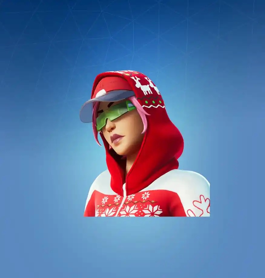 A headshot of a female in Fortnite wearing a red and white hoodie, green glasses, and a red cap.