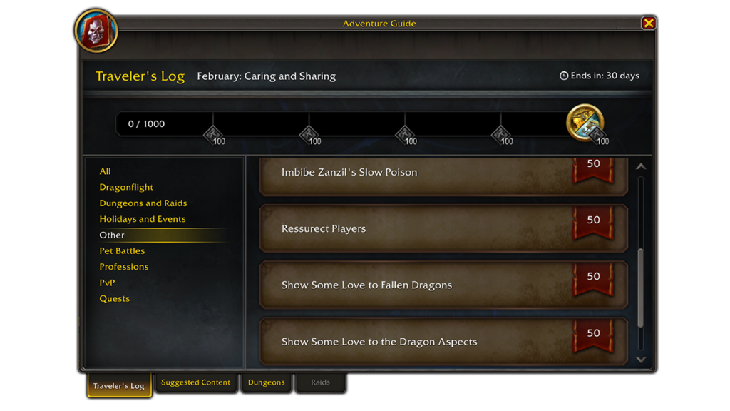 Adventure Guide showing monthly Trading Post activities.