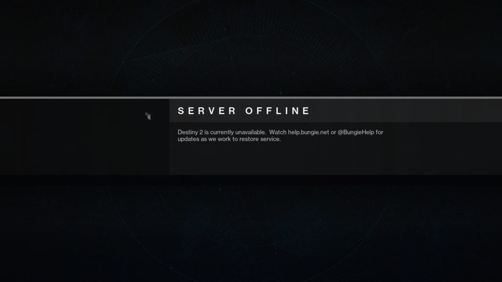 Destiny 2's server offline screen, saying the game is currently unavailable. 