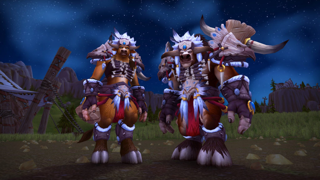 Two Taurens standing next to each other and wearing Heritage Armor