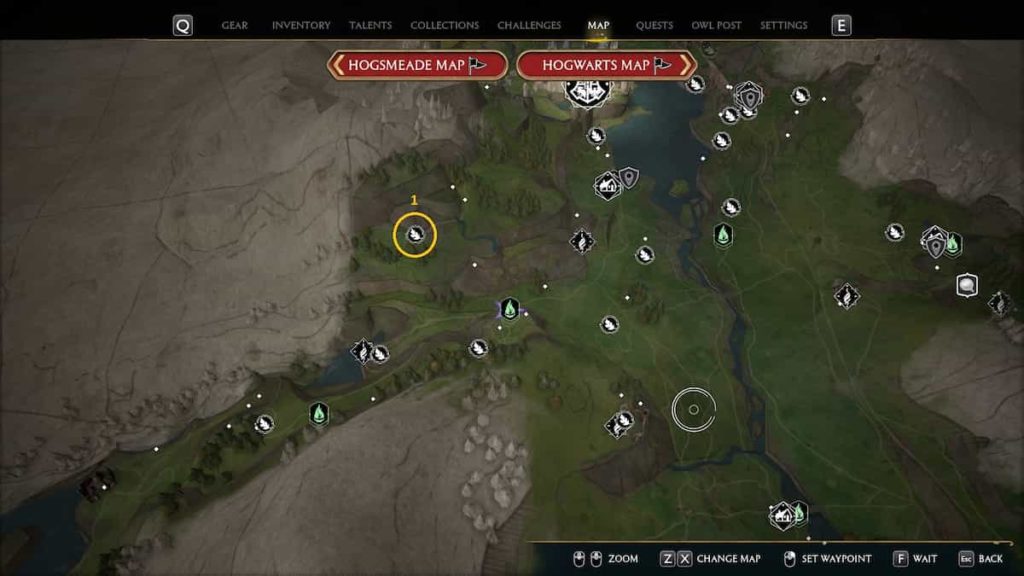 A map showing the Merlin Trial north of West Hogwarts Valley