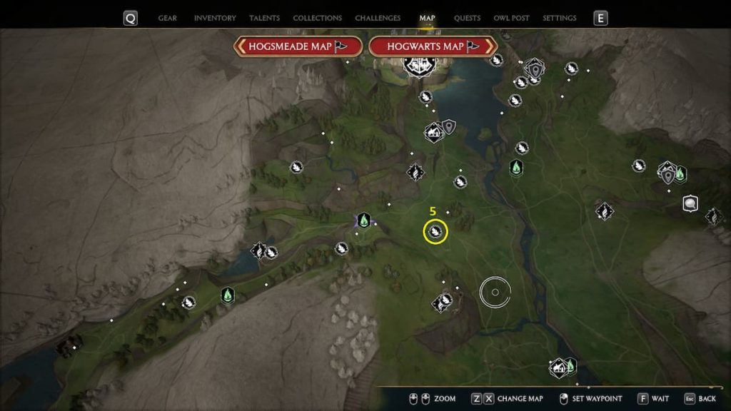 Map detailing the Merlin Trial east of West Hogwarts Valley