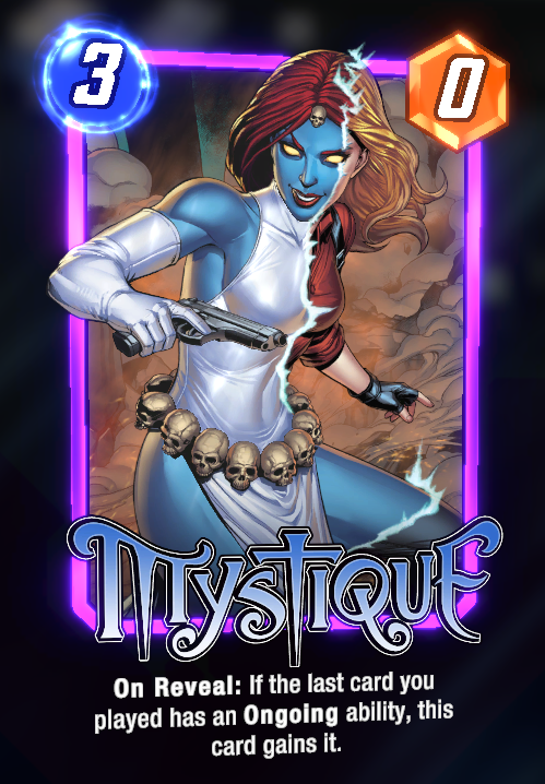 The Mystique card in Marvel Snap, with its description below.