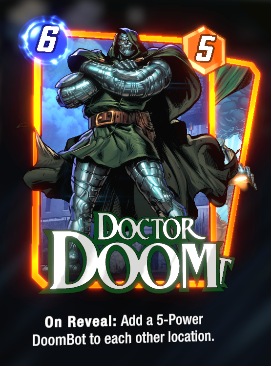 The Doctor Doom card in Marvel Snap, with its description below.